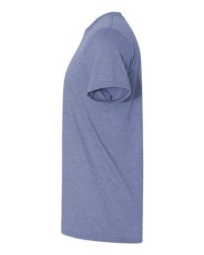 Gildan 64000 Softstyle T-shirt in Heather Indigo, side view showing the short sleeve and hem.