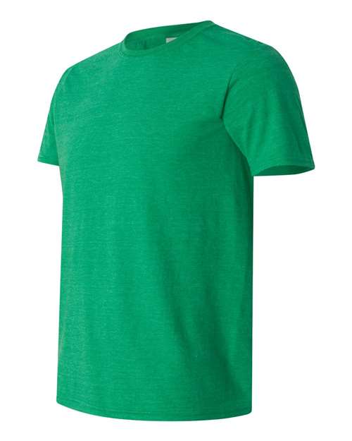 Gildan 64000 Softstyle T-shirt in Heather Irish Green, angled front view showing the crew neckline and short sleeves.