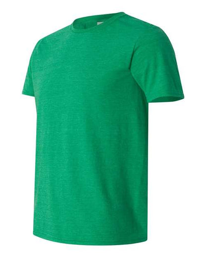 Gildan 64000 Softstyle T-shirt in Heather Irish Green, angled front view showing the crew neckline and short sleeves.