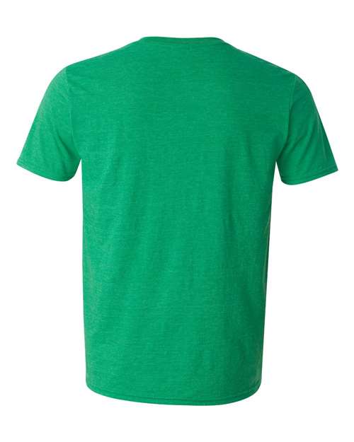 Gildan 64000 Softstyle T-shirt in Heather Irish Green, back view showing the neckline and short sleeves.