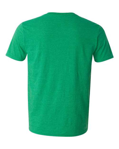 Gildan 64000 Softstyle T-shirt in Heather Irish Green, back view showing the neckline and short sleeves.