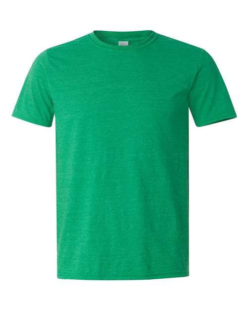 Gildan 64000 Softstyle T-shirt in Heather Irish Green, front view showing the crew neckline and short sleeves.