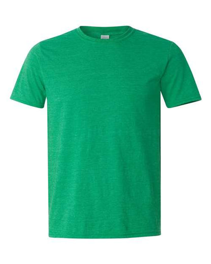 Gildan 64000 Softstyle T-shirt in Heather Irish Green, front view showing the crew neckline and short sleeves.