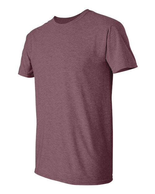 Gildan 64000 Softstyle T-shirt in Heather Maroon, angled front view showing the crew neckline and short sleeves.