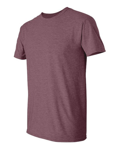 Gildan 64000 Softstyle T-shirt in Heather Maroon, angled front view showing the crew neckline and short sleeves.