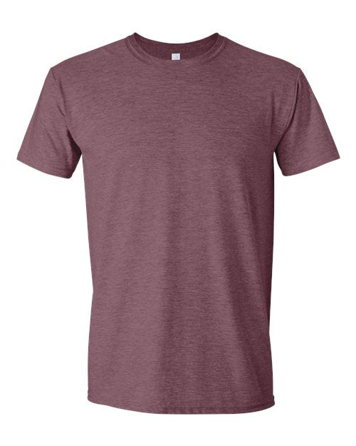 Gildan 64000 Softstyle T-shirt in Heather Maroon, front view showing the crew neckline and short sleeves.