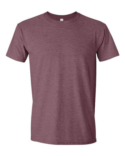 Gildan 64000 Softstyle T-shirt in Heather Maroon, front view showing the crew neckline and short sleeves.