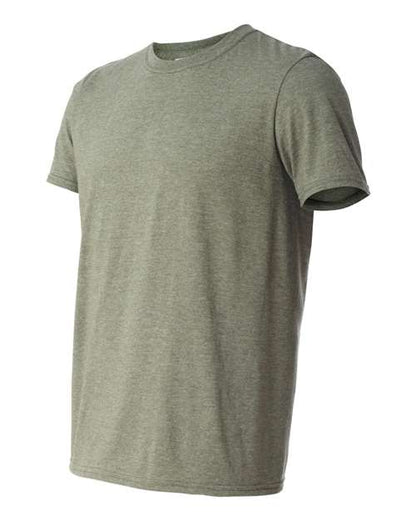 Gildan 64000 Softstyle T-shirt in Heather Military Green, angled front view showing the crew neckline and short sleeves.