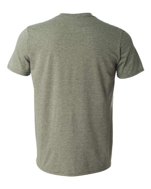 Gildan 64000 Softstyle T-shirt in Heather Military Green, back view showing the neckline and short sleeves.