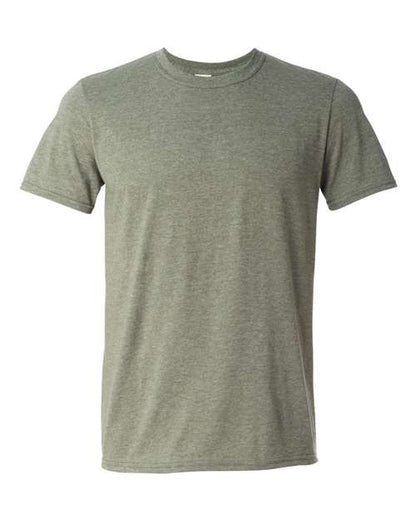 Gildan 64000 Softstyle T-shirt in Heather Military Green, front view showing the crew neckline and short sleeves.