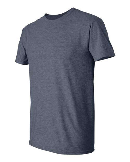 Gildan 64000 Softstyle T-shirt in Heather Navy, angled front view showing the crew neckline and short sleeves.