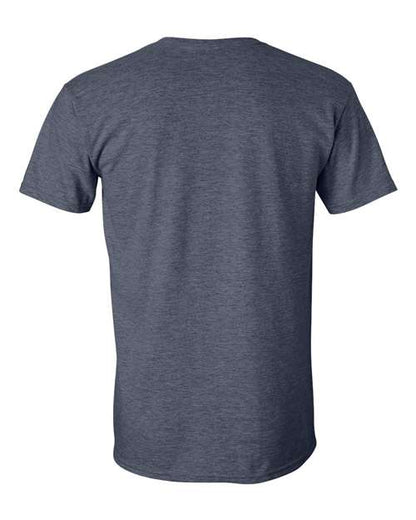Gildan 64000 Softstyle T-shirt in Heather Navy, back view showing the neckline and short sleeves.
