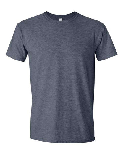Gildan 64000 Softstyle T-shirt in Heather Navy, front view showing the crew neckline and short sleeves.