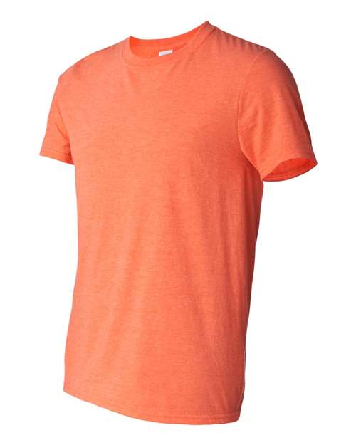 Gildan 64000 Softstyle T-shirt in Heather Orange, angled front view showing the crew neckline and short sleeves.