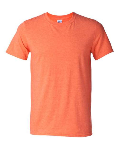 Gildan 64000 Softstyle T-shirt in Heather Orange, front view showing the crew neckline and short sleeves.