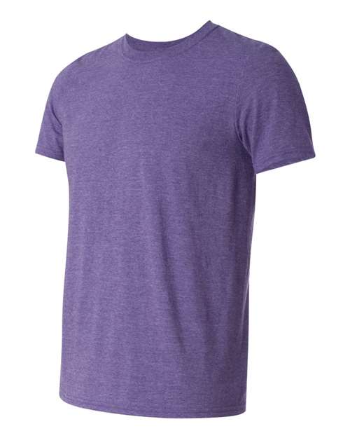 Gildan 64000 Softstyle T-shirt in Heather Purple, angled front view showing the crew neckline and short sleeves.