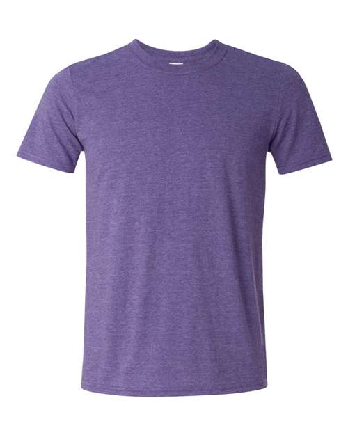 Gildan 64000 Softstyle T-shirt in Heather Purple, front view showing the crew neckline and short sleeves.