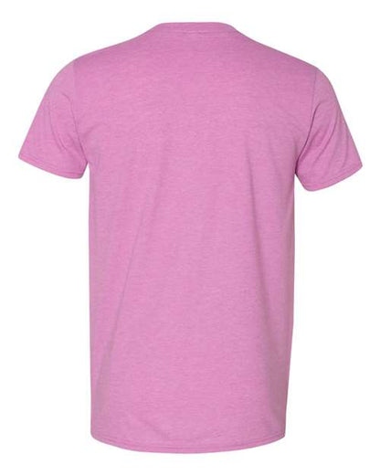 Gildan 64000 Softstyle T-shirt in Heather Radiant Orchid, back view showing the neckline and short sleeves.