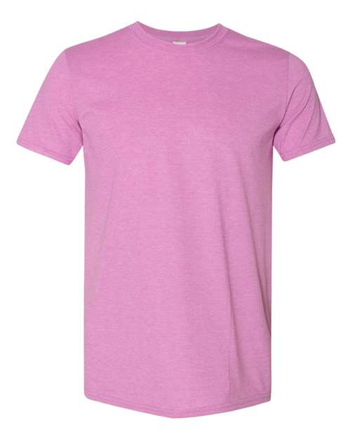 Gildan 64000 Softstyle T-shirt in Heather Radiant Orchid, front view showing the crew neckline and short sleeves.