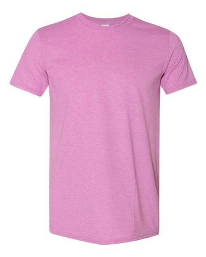 Gildan 64000 Softstyle T-shirt in Heather Radiant Orchid, front view showing the crew neckline and short sleeves.