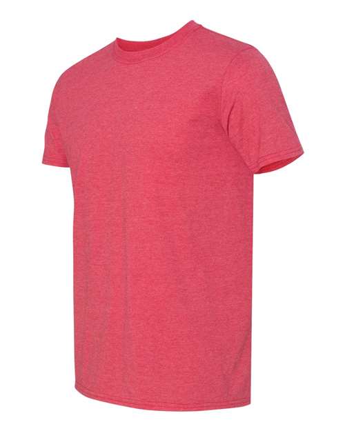Gildan 64000 Softstyle T-shirt in Heather Red, angled front view showing the crew neckline and short sleeves.