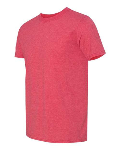 Gildan 64000 Softstyle T-shirt in Heather Red, angled front view showing the crew neckline and short sleeves.