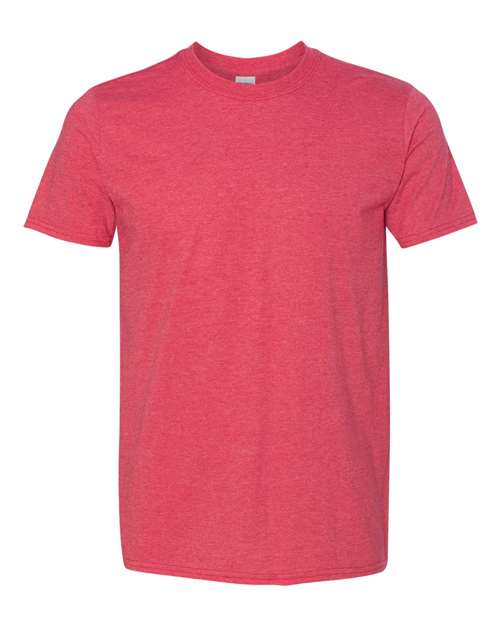 Gildan 64000 Softstyle T-shirt in Heather Red, front view showing the crew neckline and short sleeves.