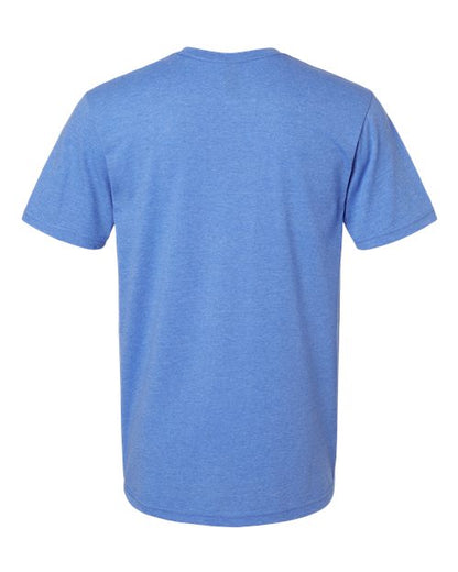 Gildan 64000 Softstyle T-shirt in Heather Royal, back view showing the neckline and short sleeves.
