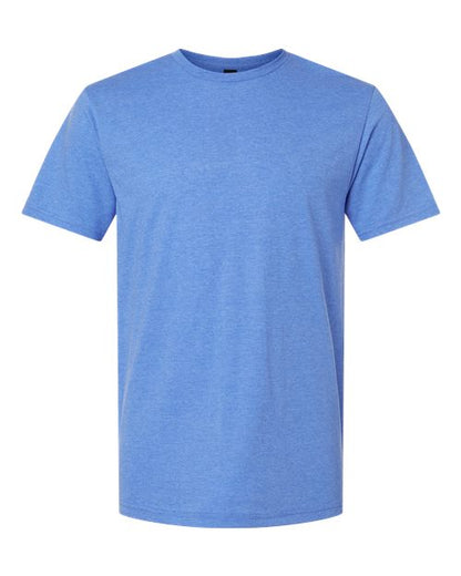 Gildan 64000 Softstyle T-shirt in Heather Royal, front view showing the crew neckline and short sleeves.