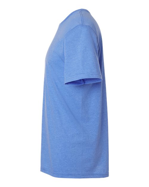 Gildan 64000 Softstyle T-shirt in Heather Royal, side view showing the short sleeve and hem.
