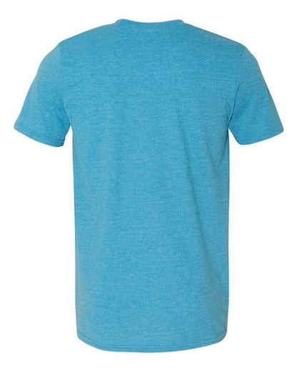 Gildan 64000 Softstyle T-shirt in Heather Sapphire, back view showing the neckline and short sleeves.