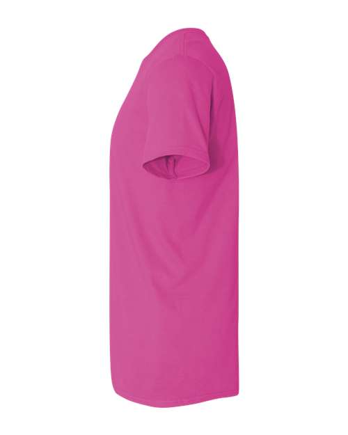Gildan 64000 Softstyle T-shirt in Heliconia, side view showing the short sleeve and hem.