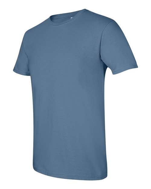 Gildan 64000 Softstyle T-shirt in Indigo Blue, angled front view showing the crew neckline and short sleeves.