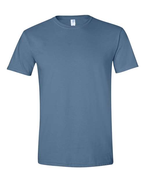 Gildan 64000 Softstyle T-shirt in Indigo Blue, front view showing the crew neckline and short sleeves.