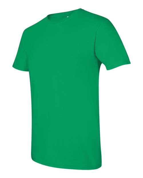 Gildan 64000 Softstyle T-shirt in Irish Green, angled front view showing the crew neckline and short sleeves.