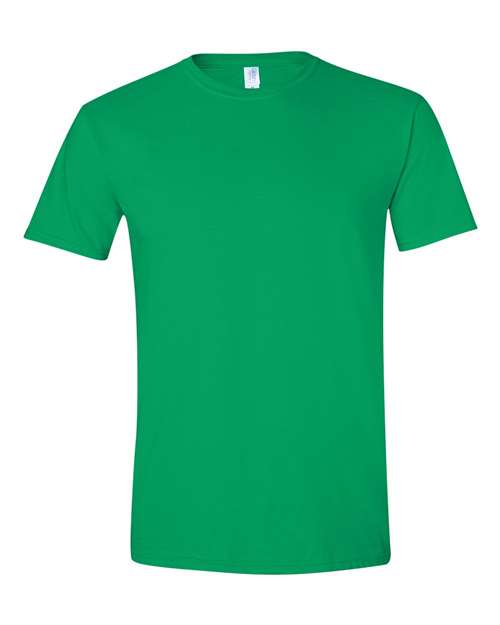 Gildan 64000 Softstyle T-shirt in Irish Green, front view showing the crew neckline and short sleeves.