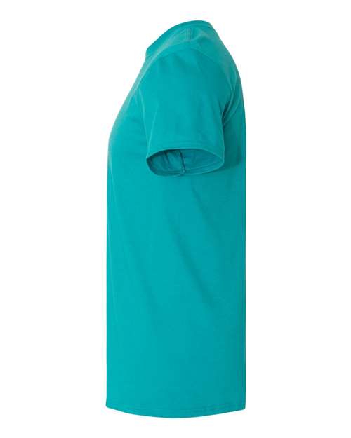 Gildan 64000 Softstyle T-shirt in Jade Dome, side view showing the short sleeve and hem.