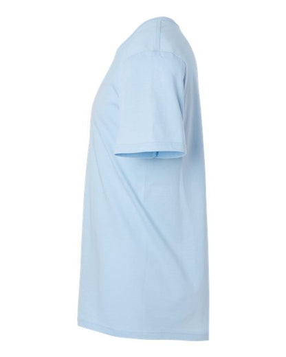 Gildan 64000 Softstyle T-shirt in Light Blue, side view showing the short sleeve and hem.