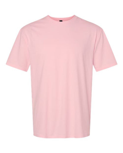 Gildan 64000 Softstyle T-shirt in Light Pink, front view showing the crew neckline and short sleeves.