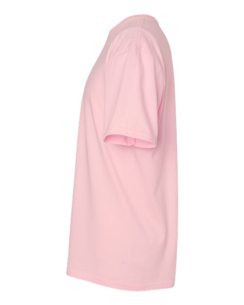 Gildan 64000 Softstyle T-shirt in Light Pink, side view showing the short sleeve and hem.