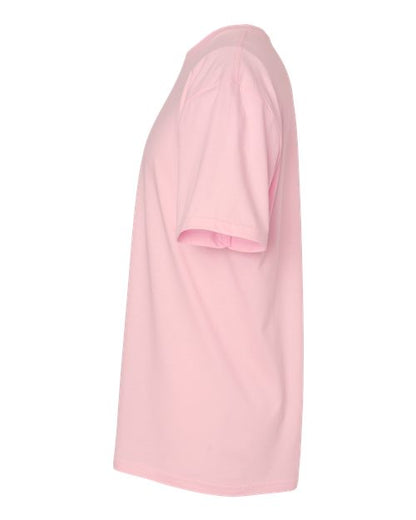 Gildan 64000 Softstyle T-shirt in Light Pink, side view showing the short sleeve and hem.