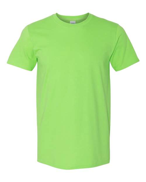Gildan 64000 Softstyle T-shirt in Lime, front view showing the crew neckline and short sleeves.