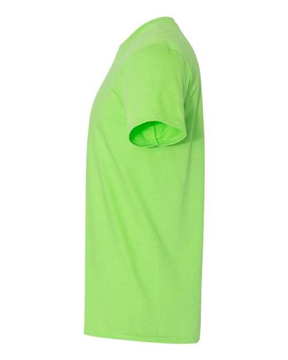 Gildan 64000 Softstyle T-shirt in Lime, side view showing the short sleeve and hem.