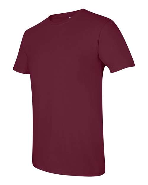 Gildan 64000 Softstyle T-shirt in Maroon, angled front view showing the crew neckline and short sleeves.