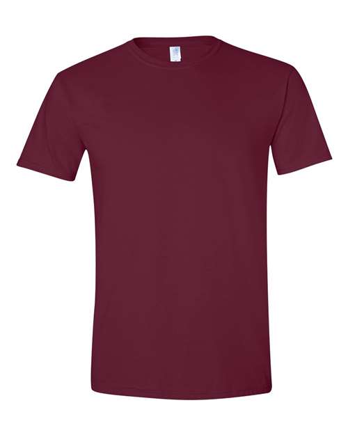 Gildan 64000 Softstyle T-shirt in Maroon, front view showing the crew neckline and short sleeves.
