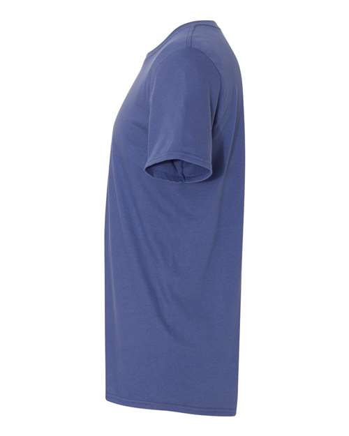 Gildan 64000 Softstyle T-shirt in Metro Blue, side view showing the short sleeve and hem.