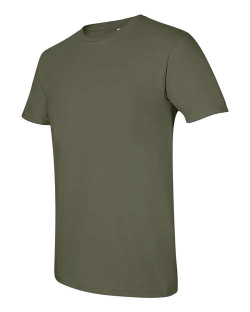 Gildan 64000 Softstyle T-shirt in Military Green, angled front view showing the crew neckline and short sleeves.