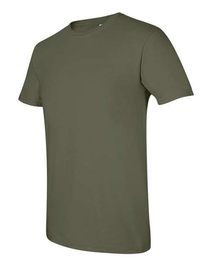 Gildan 64000 Softstyle T-shirt in Military Green, angled front view showing the crew neckline and short sleeves.