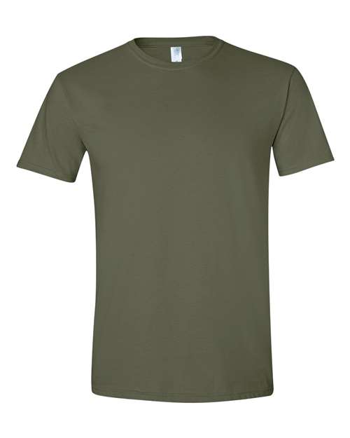 Gildan 64000 Softstyle T-shirt in Military Green, front view showing the crew neckline and short sleeves.