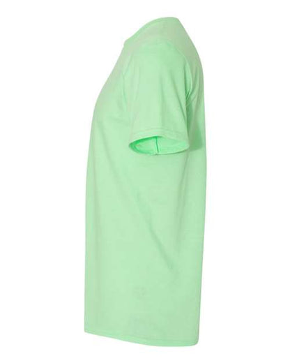 Gildan 64000 Softstyle T-shirt in Mint Green, side view showing the short sleeve and hem.